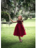 Cap Sleeves Ruby Red Sequin Tulle Curly Hem Flower Girl Dress
